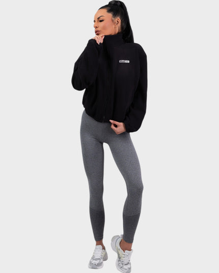 Hanorac, top cu fermoar - Hanorac fleece din bumbac și poliester - negru